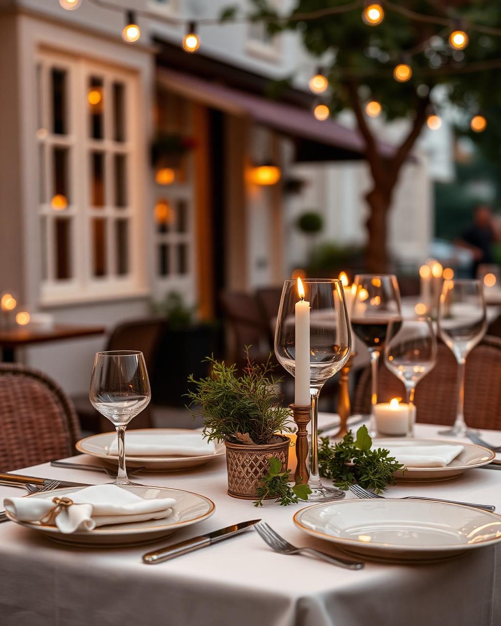 An outdoor dining table set at golden hour
