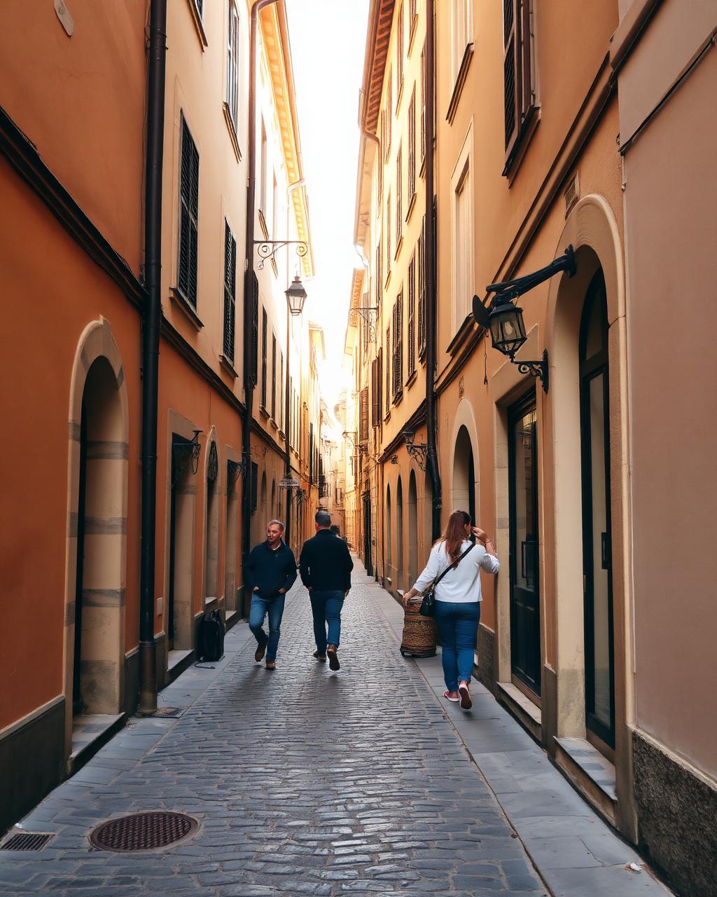 A sunlit cobblestone street in an old town