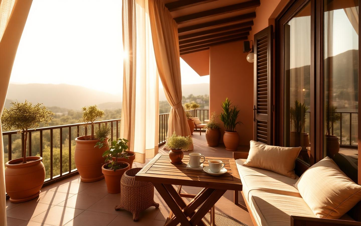 A sunlit boutique hotel terrace with coffee and distant hills