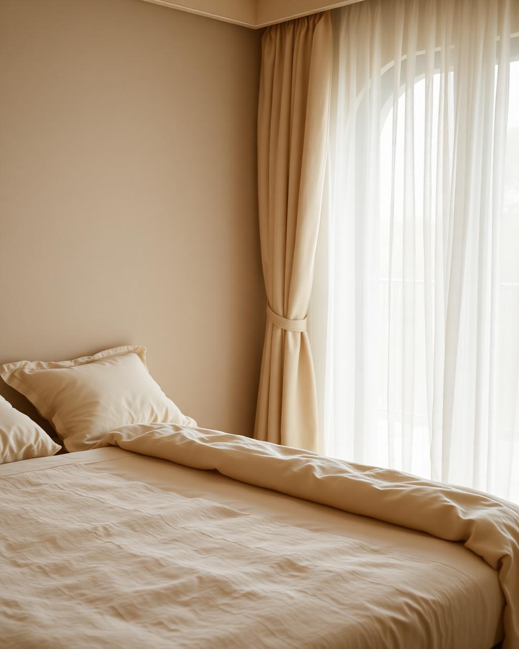 A serene boutique bedroom with soft morning light