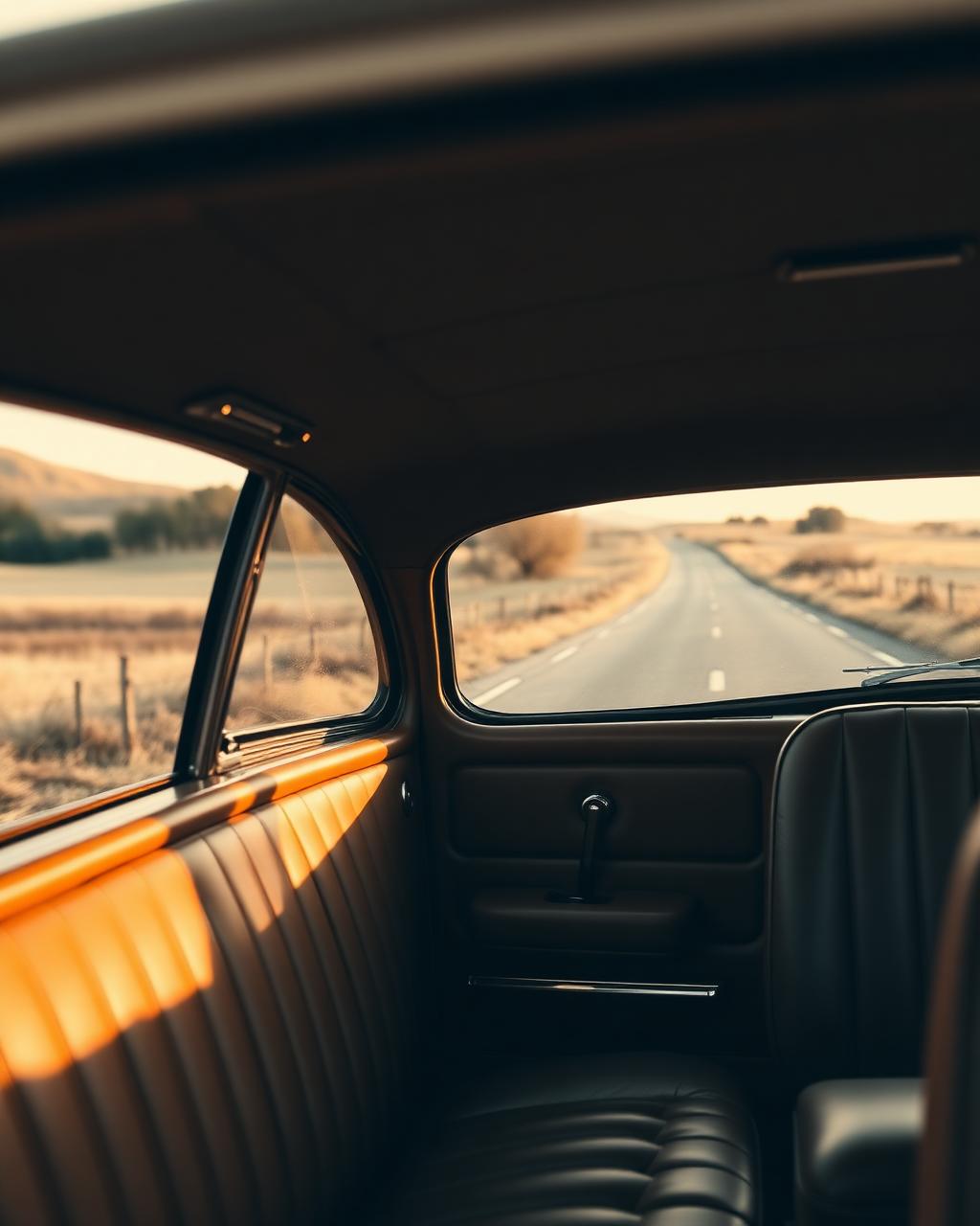 The leather interior of a refined car on a country road