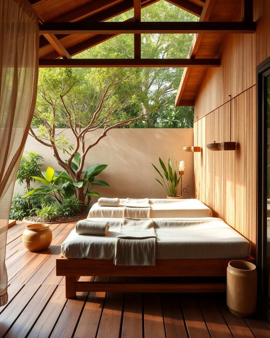A calm outdoor wellness space surrounded by greenery