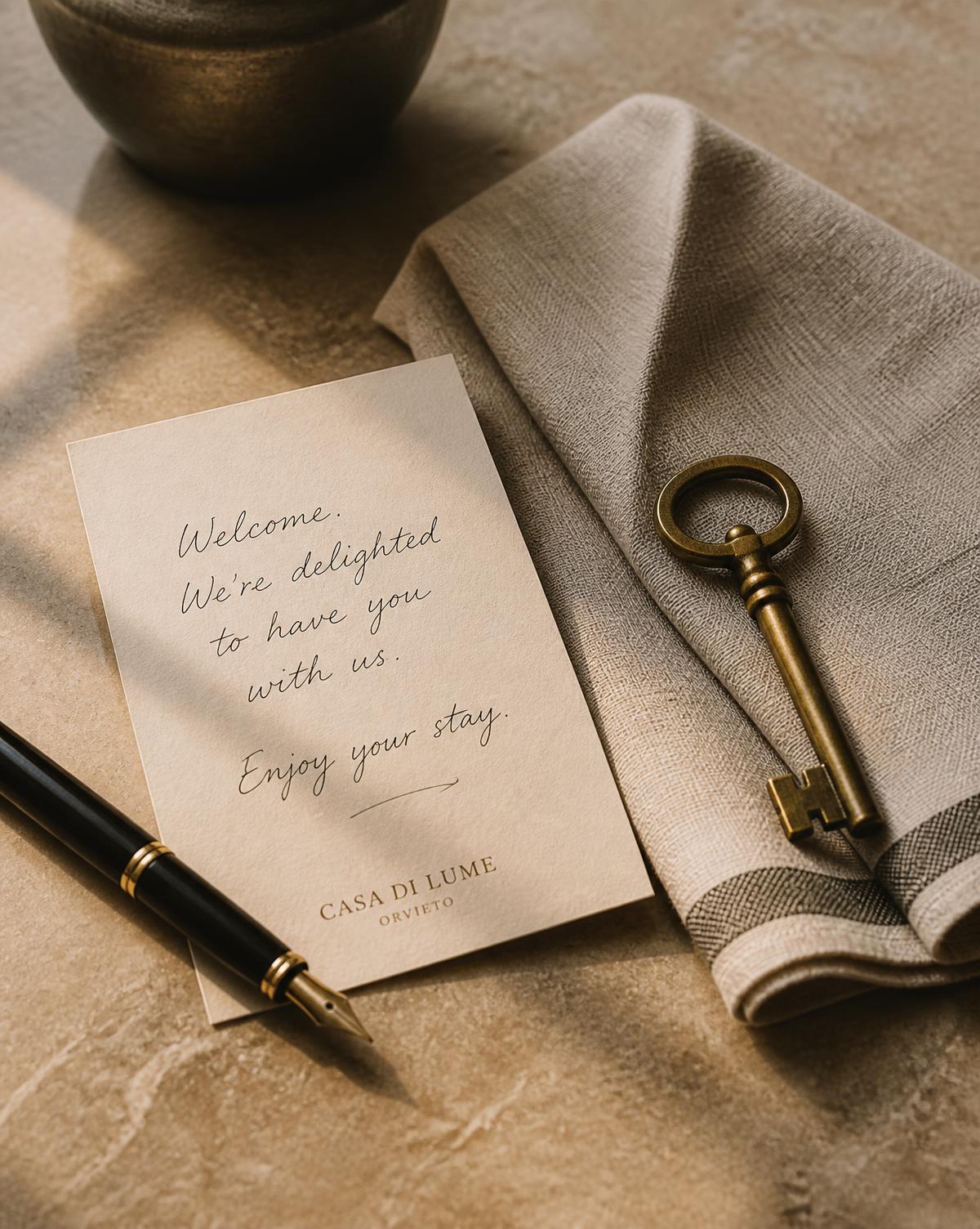 A handwritten welcome note, fountain pen and brass key on a stone surface